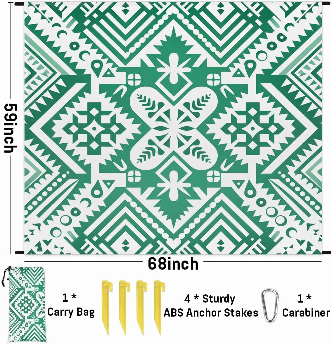 Aztec Southwest Beach Blanket, Sandproof Beach Mat, 68 x 59 Waterproof Quick Drying Sand Free Mat with 4 x Ground Spikes for Outdoor Travel Camping Hiking, Aztec Print