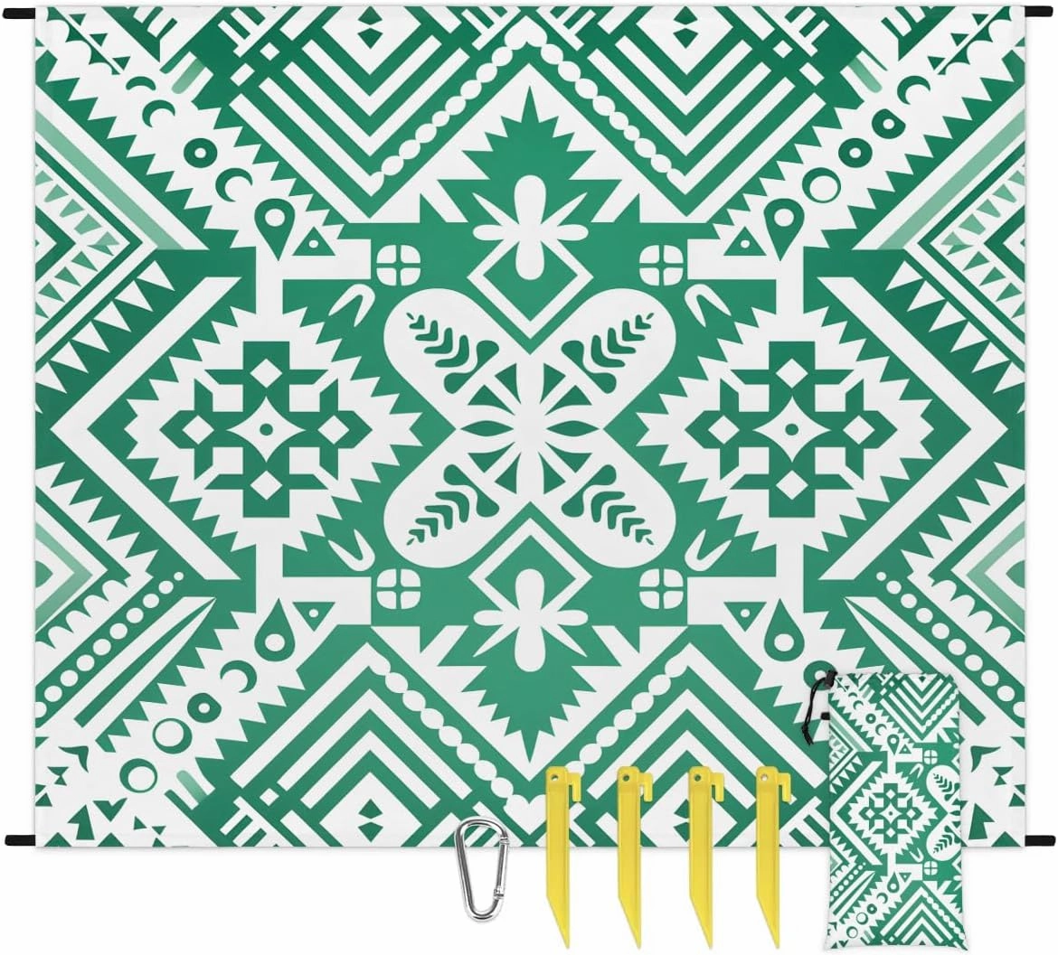 Aztec Southwest Beach Blanket, Sandproof Beach Mat, 68 x 59 Waterproof Quick Drying Sand Free Mat with 4 x Ground Spikes for Outdoor Travel Camping Hiking, Aztec Print