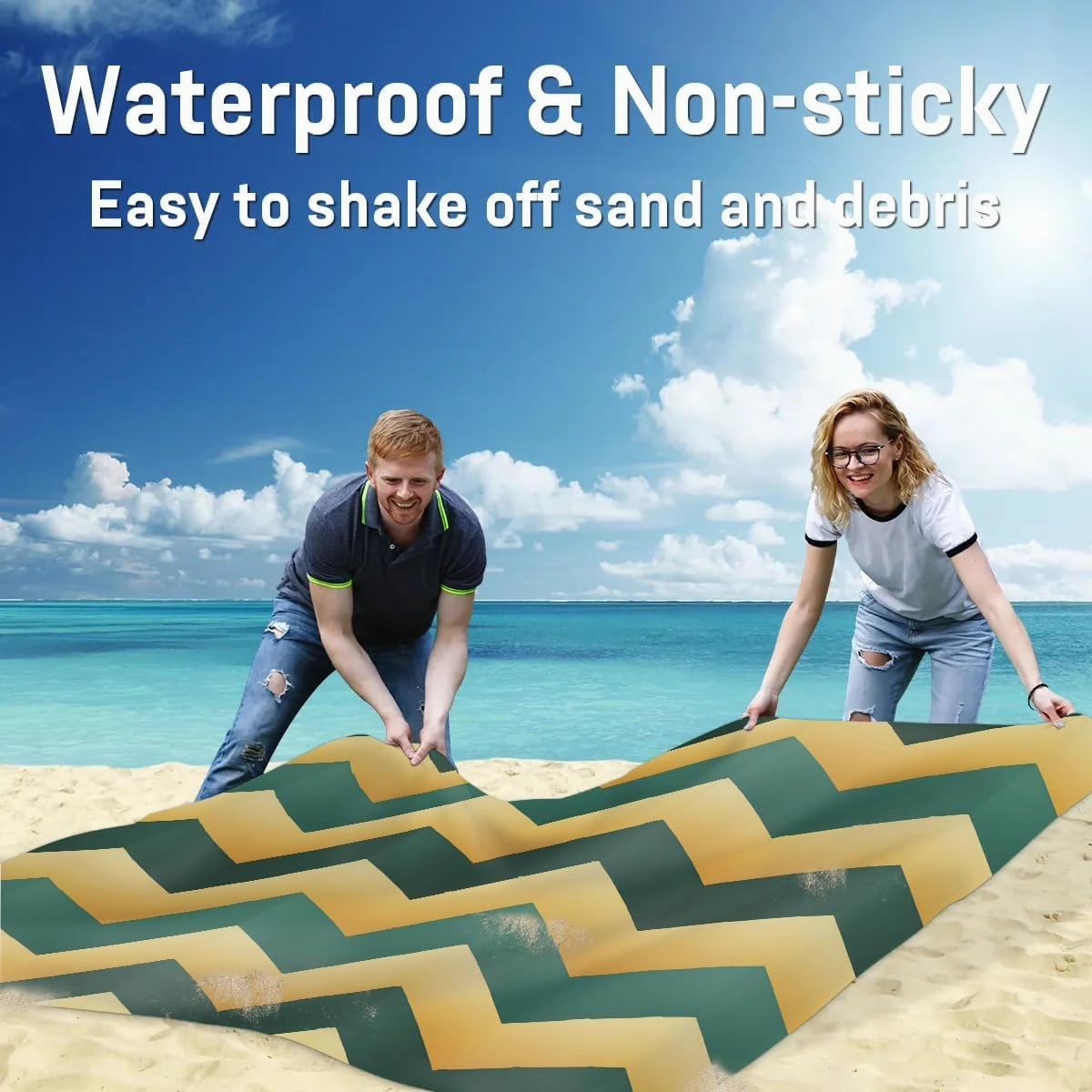 Aztec Theme Beach Blanket, Sandproof Beach Mat, 68 x 59 Waterproof Quick Drying Sand Free Mat with 4 x Ground Spikes for Outdoor Travel Camping Hiking, Wave Stripe
