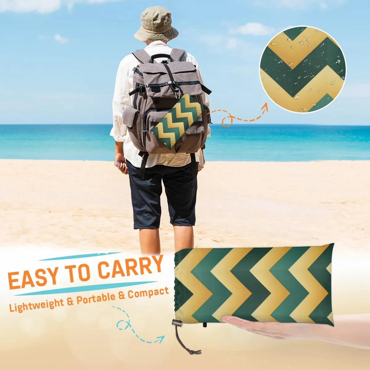 Aztec Theme Beach Blanket, Sandproof Beach Mat, 68 x 59 Waterproof Quick Drying Sand Free Mat with 4 x Ground Spikes for Outdoor Travel Camping Hiking, Wave Stripe