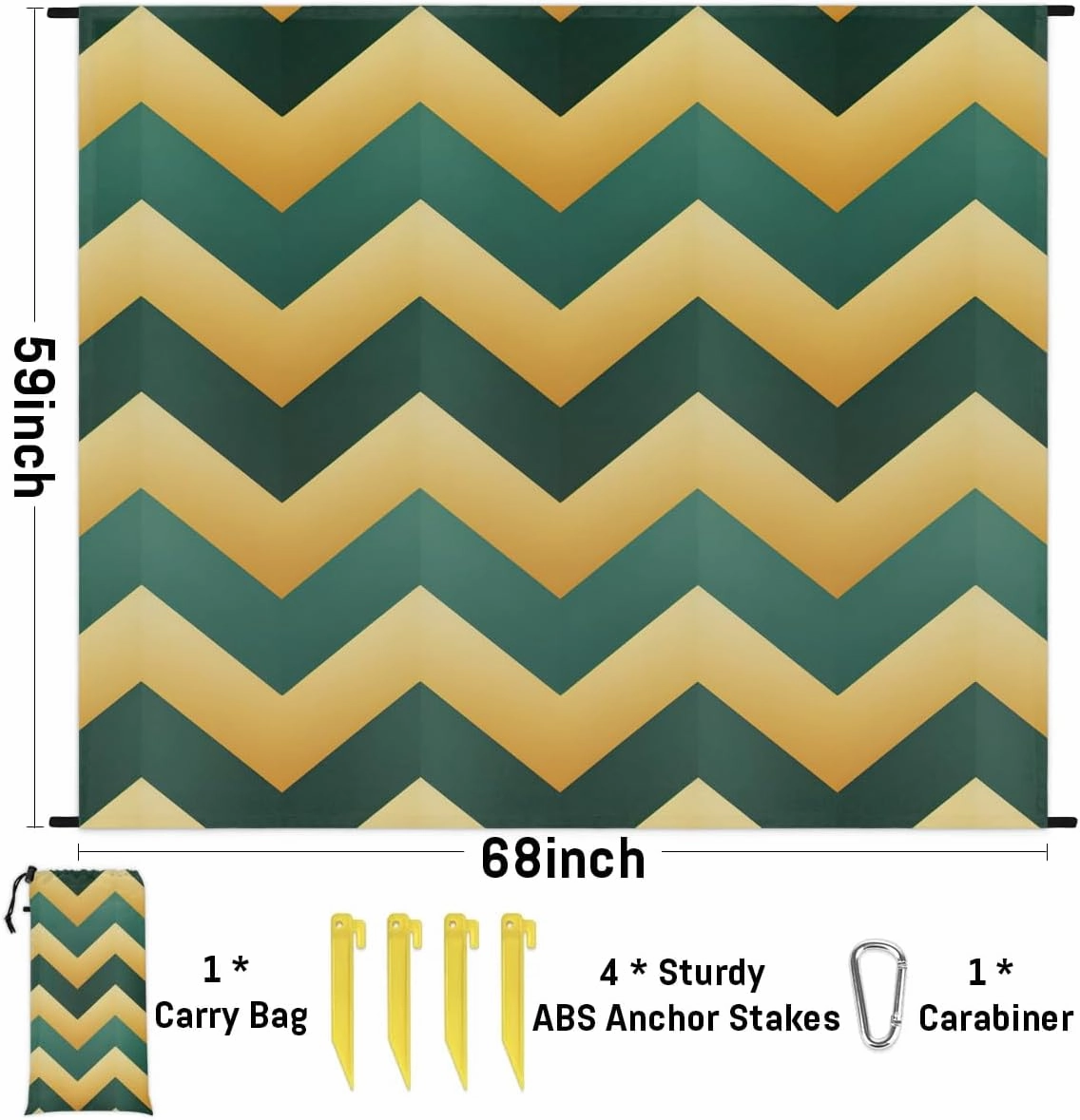 Aztec Theme Beach Blanket, Sandproof Beach Mat, 68 x 59 Waterproof Quick Drying Sand Free Mat with 4 x Ground Spikes for Outdoor Travel Camping Hiking, Wave Stripe