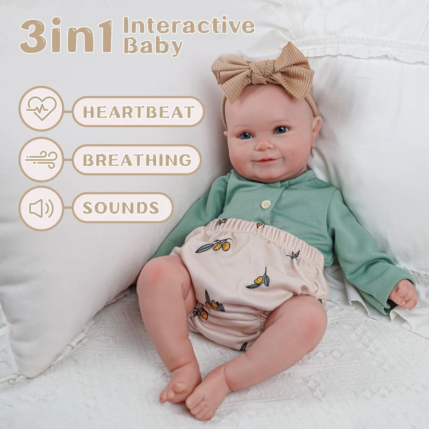 BABESIDE 3-in-1 Interactive Reborn Baby Dolls with Breathe Heartbeat Coos, 20Inch Soft Vinyl Poseable Realistic Baby Dolls Cute Smiling Real Life Baby Doll for 3  Years Old Girls