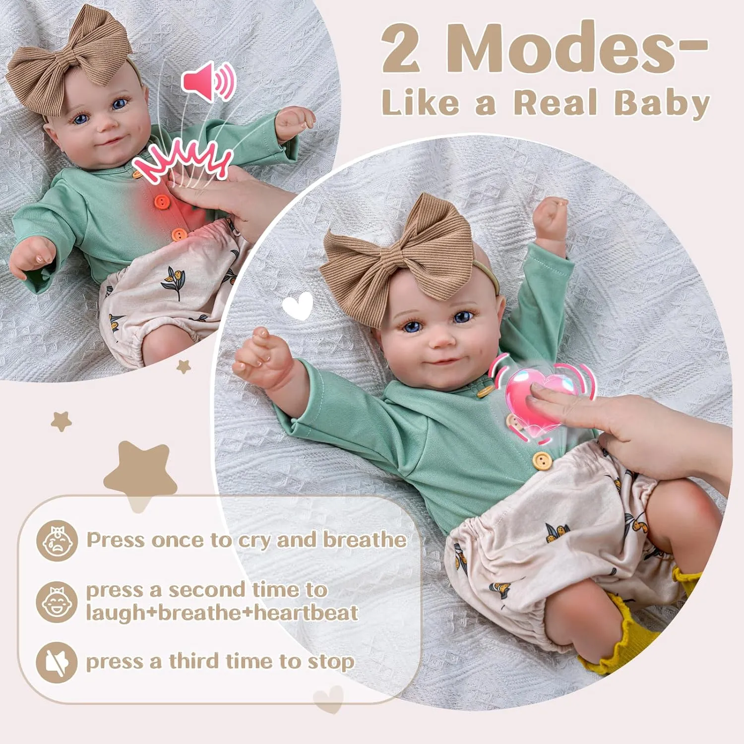 BABESIDE 3-in-1 Interactive Reborn Baby Dolls with Breathe Heartbeat Coos, 20Inch Soft Vinyl Poseable Realistic Baby Dolls Cute Smiling Real Life Baby Doll for 3  Years Old Girls