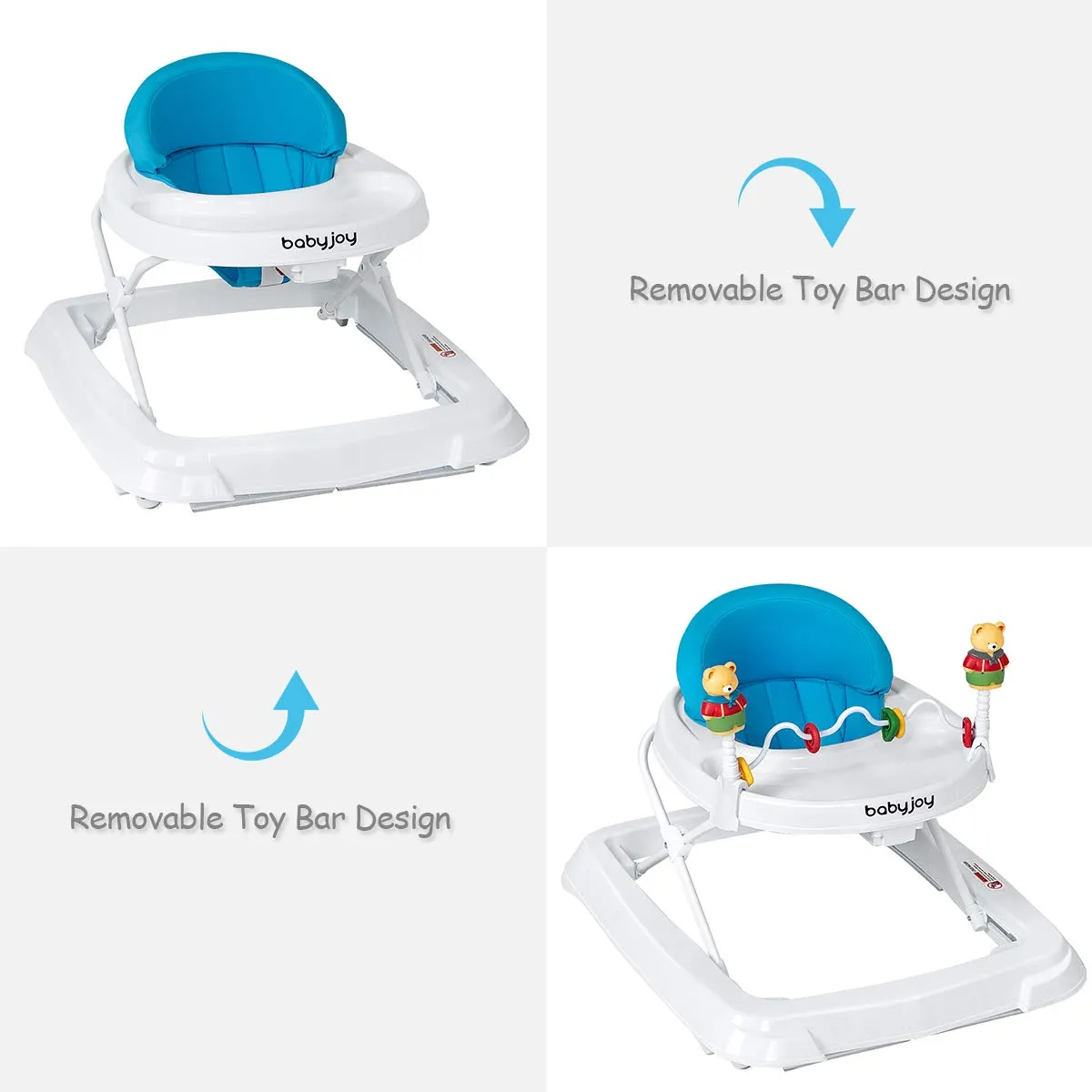 BABY JOY Baby Walker, Foldable Activity Walker Helper with Adjustable Height, Baby Activity Walker with High Back Padded Seat & Bear Toys (Blue)