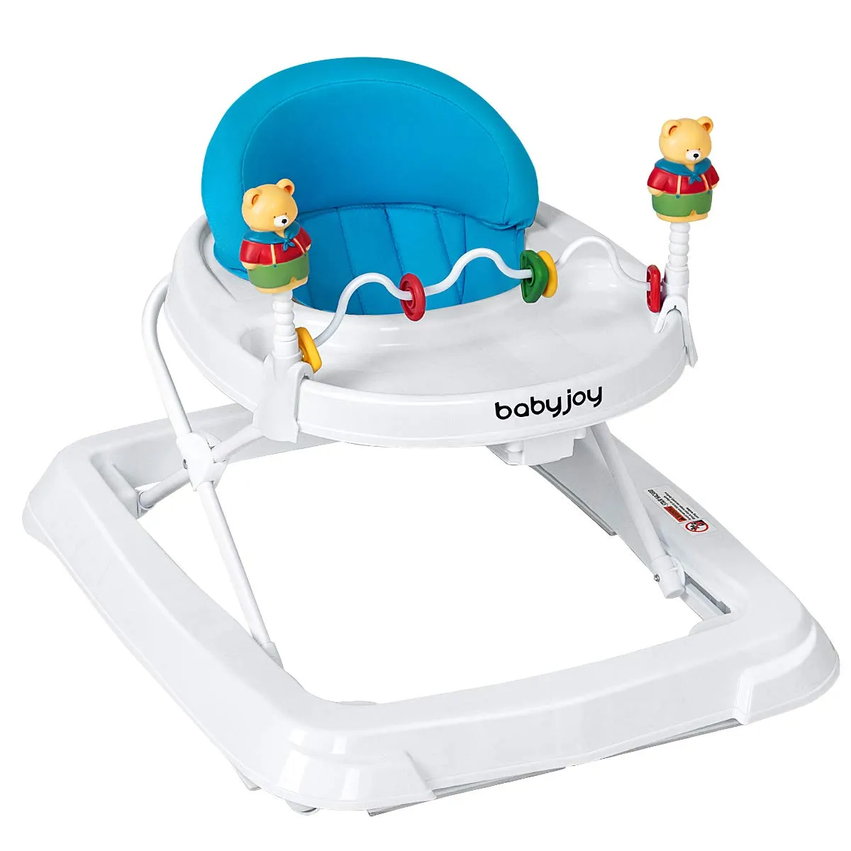 BABY JOY Baby Walker, Foldable Activity Walker Helper with Adjustable Height, Baby Activity Walker with High Back Padded Seat & Bear Toys (Blue)