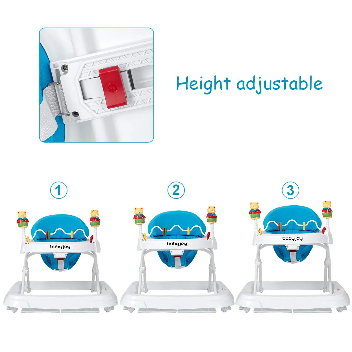 BABY JOY Baby Walker, Foldable Activity Walker Helper with Adjustable Height, Baby Activity Walker with High Back Padded Seat & Bear Toys (Blue)