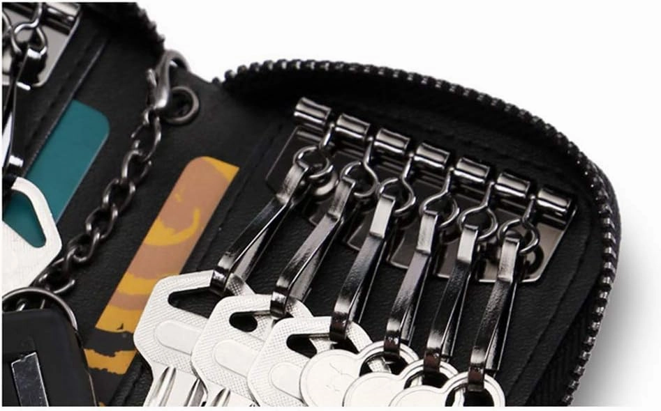 BAKUN Large Zipper Leather Car Key Case, Key Holder Key Organizer Wallet, With 16 Hooks(Black)