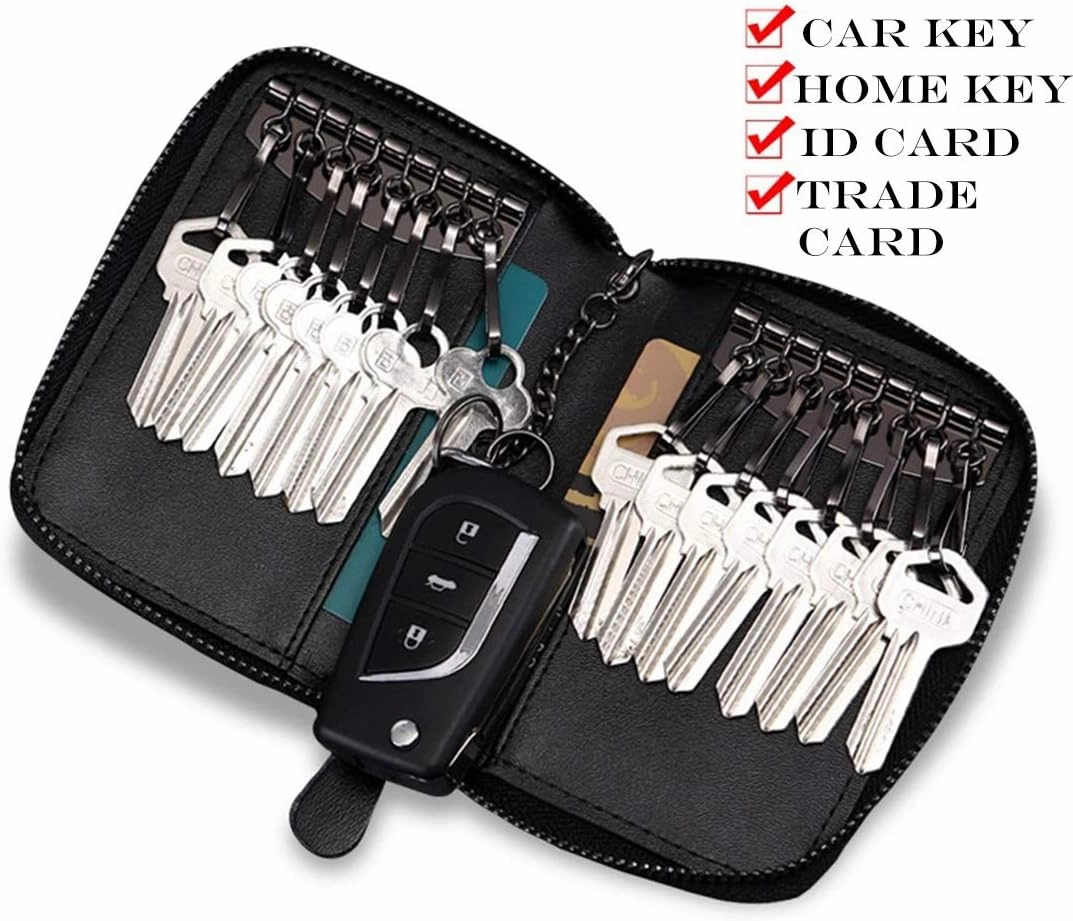 BAKUN Large Zipper Leather Car Key Case, Key Holder Key Organizer Wallet, With 16 Hooks(Black)