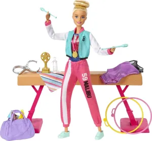 Barbie Careers Playset, Blonde Gymnast Doll with Balance Beam, Twirling Toy & 15  Accessories Including Clothes, Hoops, Trophy & More