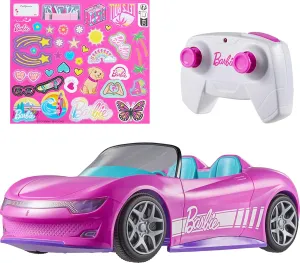 Barbie Hot Wheels RC Toy Car, Remote-Control Pink Convertible, Can Hold 2 Fashion Dolls & Trunk Opens for Storage, Sticker Sheet for Customizing