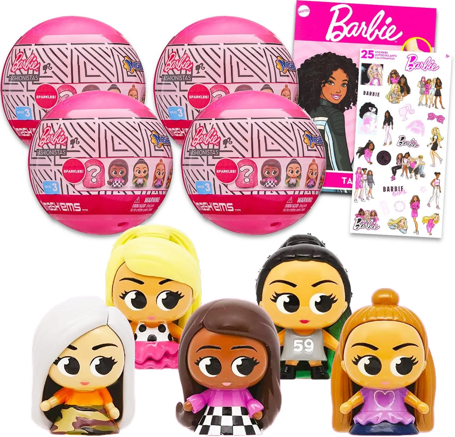Barbie MashEms Mystery Toys 4 Pack - Mini Doll Party Favors for Girls Bundle with 4 Mystery Balls with Mini Figures Plus Tattoos, Stickers | Barbie Party Supplies for Kids