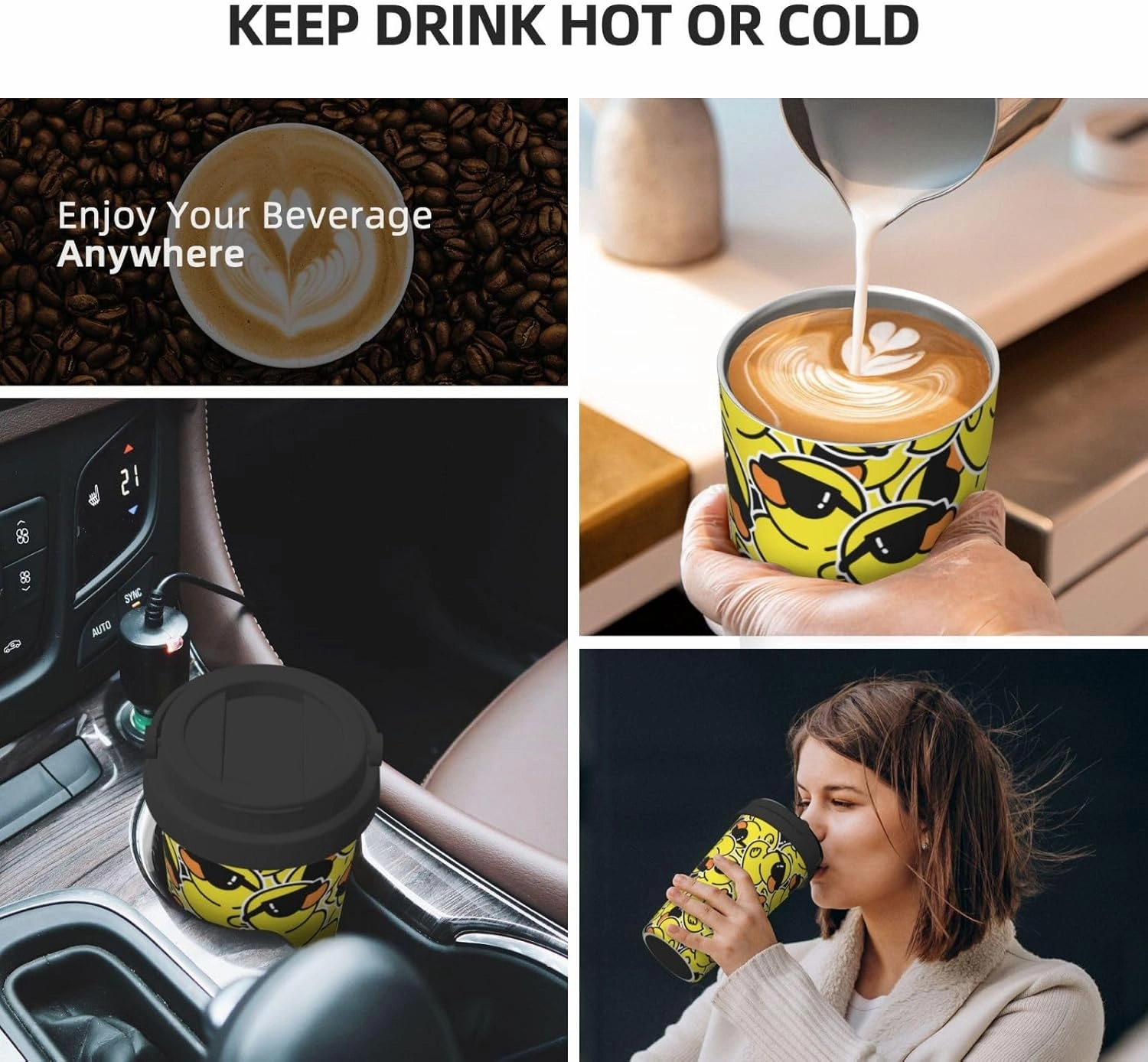 bassyil Cute Duck 17oz Insulated Coffee Mug with Flip Lid Handle Yellow Duck Stainless Steel Insulated Travel Tumbler Spill Proof Kawaii Duck Things Stuff Decor
