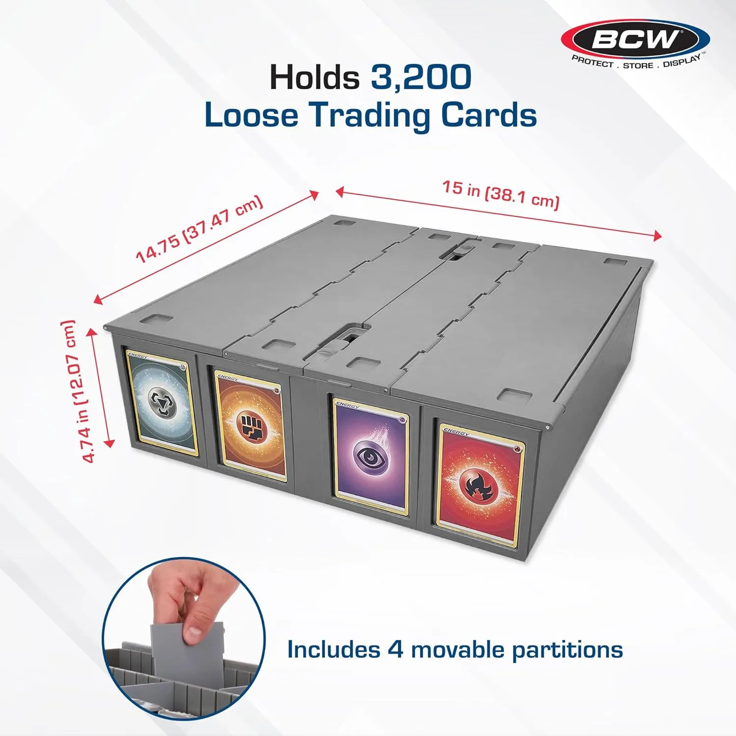 BCW Collectible Card Bin - Single Gray | Storage Box for Trading Cards | Holds 3200 Cards | Includes 4 Card Storage Partitions | Loose Trading Card Storage for Pokemon, MTG, and Sports Cards