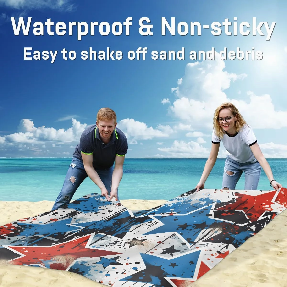 Beach Blanket, American Flag 4th of July Sandproof Beach Mat, Waterproof Quick Drying Sand Free Mat with 4 x Ground Spikes for Travel Camping Hiking, Blue Red Stars 68 x 59 in