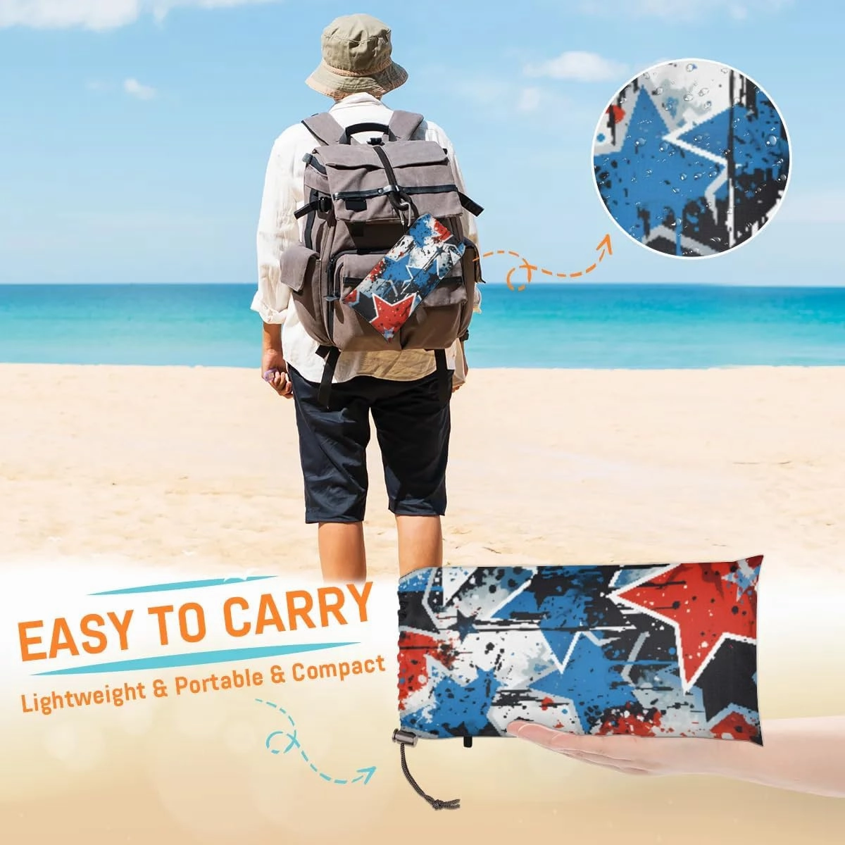 Beach Blanket, American Flag 4th of July Sandproof Beach Mat, Waterproof Quick Drying Sand Free Mat with 4 x Ground Spikes for Travel Camping Hiking, Blue Red Stars 68 x 59 in