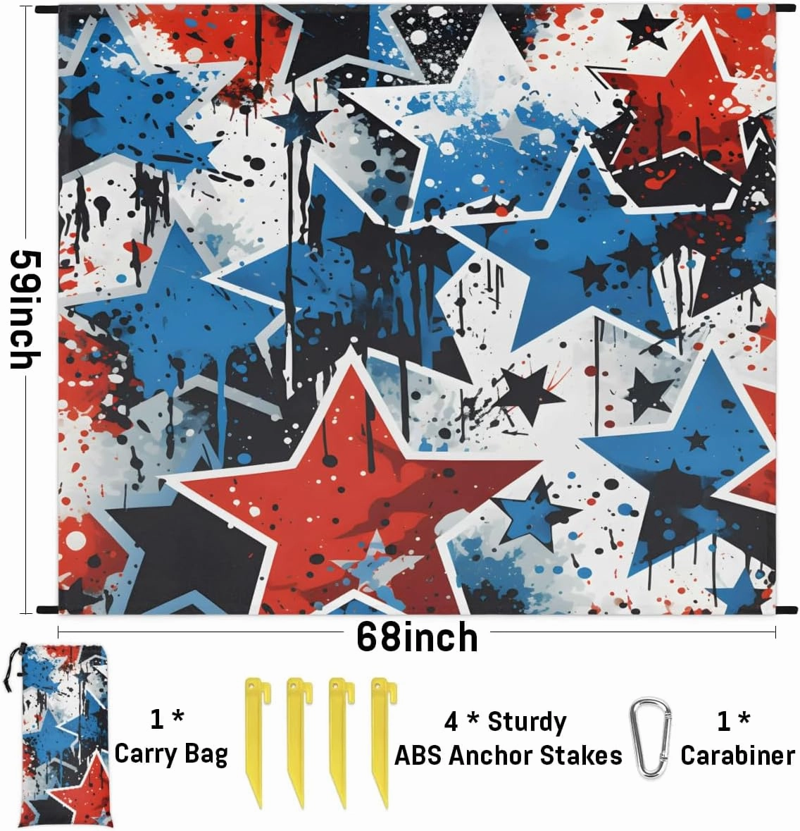 Beach Blanket, American Flag 4th of July Sandproof Beach Mat, Waterproof Quick Drying Sand Free Mat with 4 x Ground Spikes for Travel Camping Hiking, Blue Red Stars 68 x 59 in
