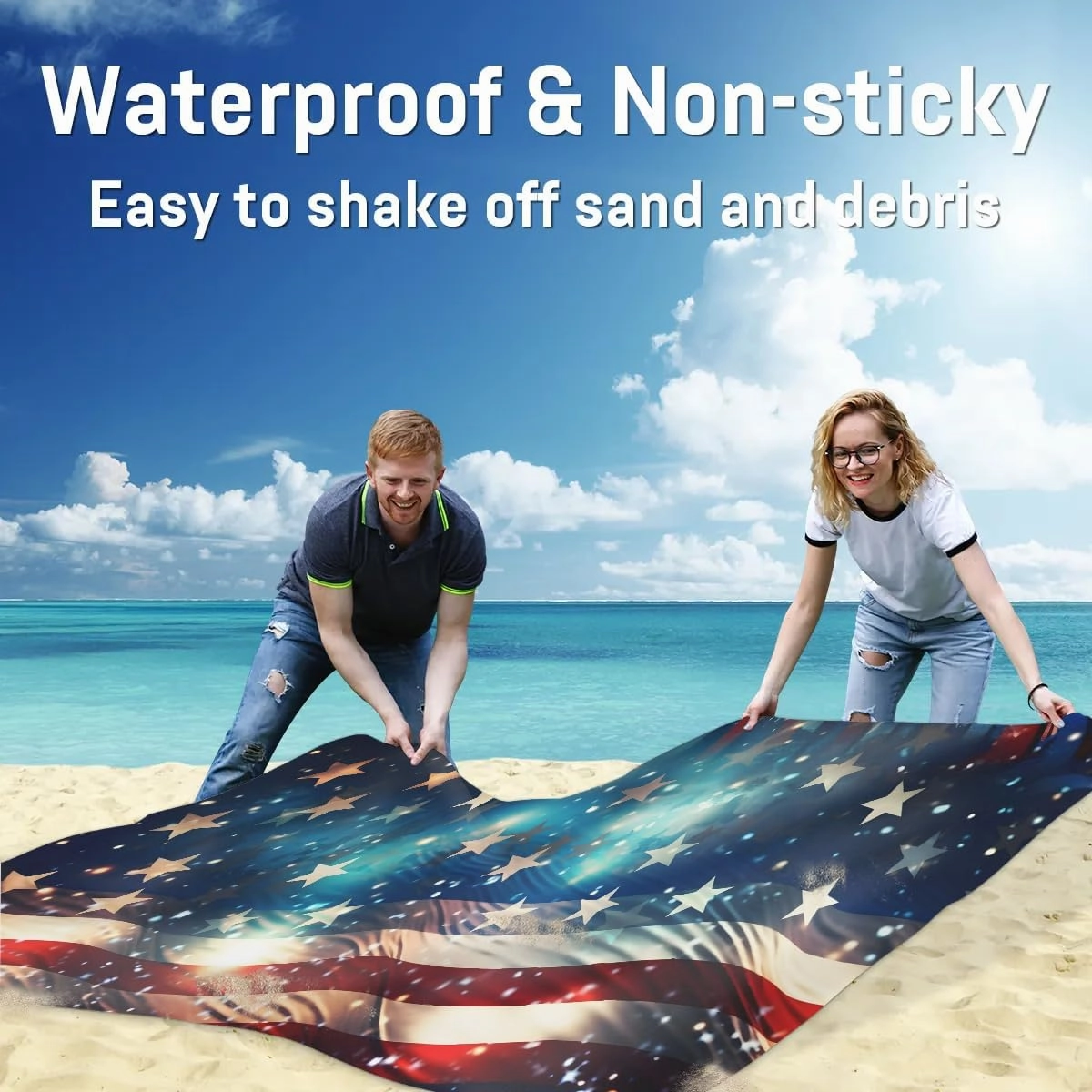 Beach Blanket, American Flag Sandproof Beach Mat, Waterproof Quick Drying Sand Free Mat with 4 x Ground Spikes for Outdoor Travel Camping Hiking, Memorial Day 68 x 59 in