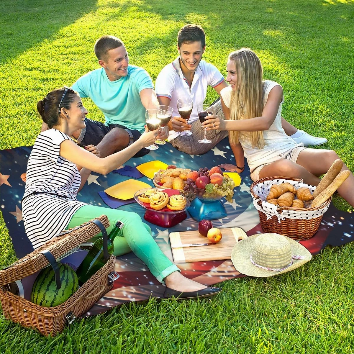Beach Blanket, American Flag Sandproof Beach Mat, Waterproof Quick Drying Sand Free Mat with 4 x Ground Spikes for Outdoor Travel Camping Hiking, Memorial Day 68 x 59 in