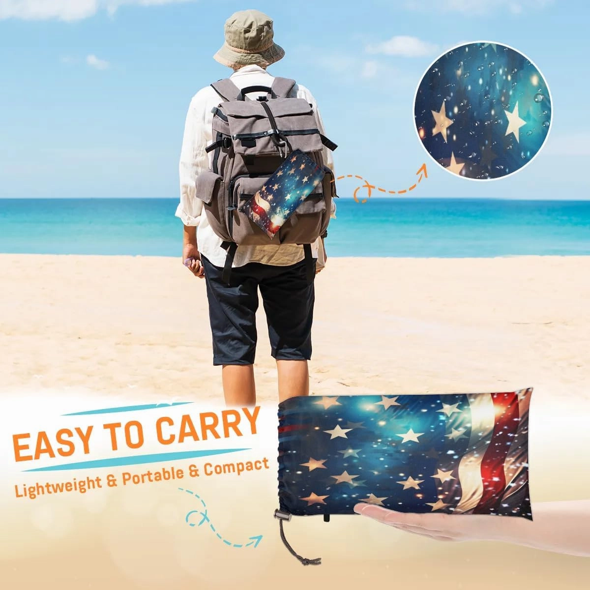 Beach Blanket, American Flag Sandproof Beach Mat, Waterproof Quick Drying Sand Free Mat with 4 x Ground Spikes for Outdoor Travel Camping Hiking, Memorial Day 68 x 59 in