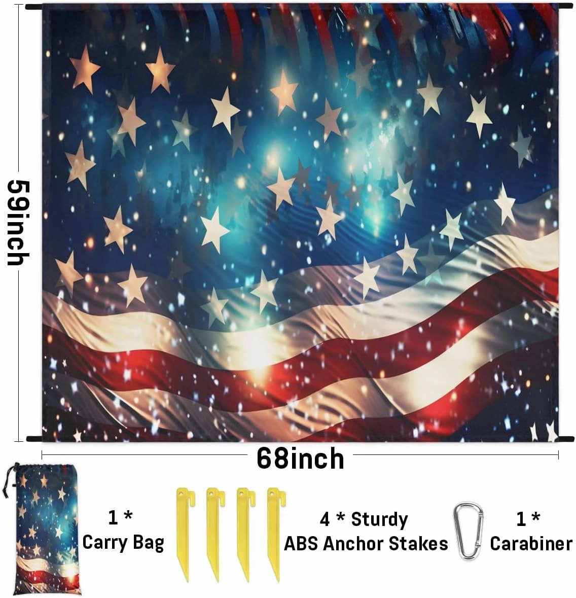 Beach Blanket, American Flag Sandproof Beach Mat, Waterproof Quick Drying Sand Free Mat with 4 x Ground Spikes for Outdoor Travel Camping Hiking, Memorial Day 68 x 59 in