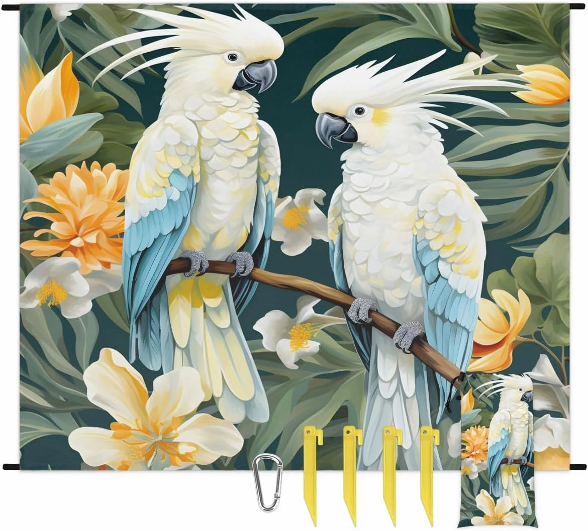 Beach Blanket, Animal Bird Sandproof Beach Mat, Waterproof Quick Drying Sand Free Mat with 4 x Ground Spikes for Outdoor Travel Camping Hiking, Palm Leaves 68 x 59 in