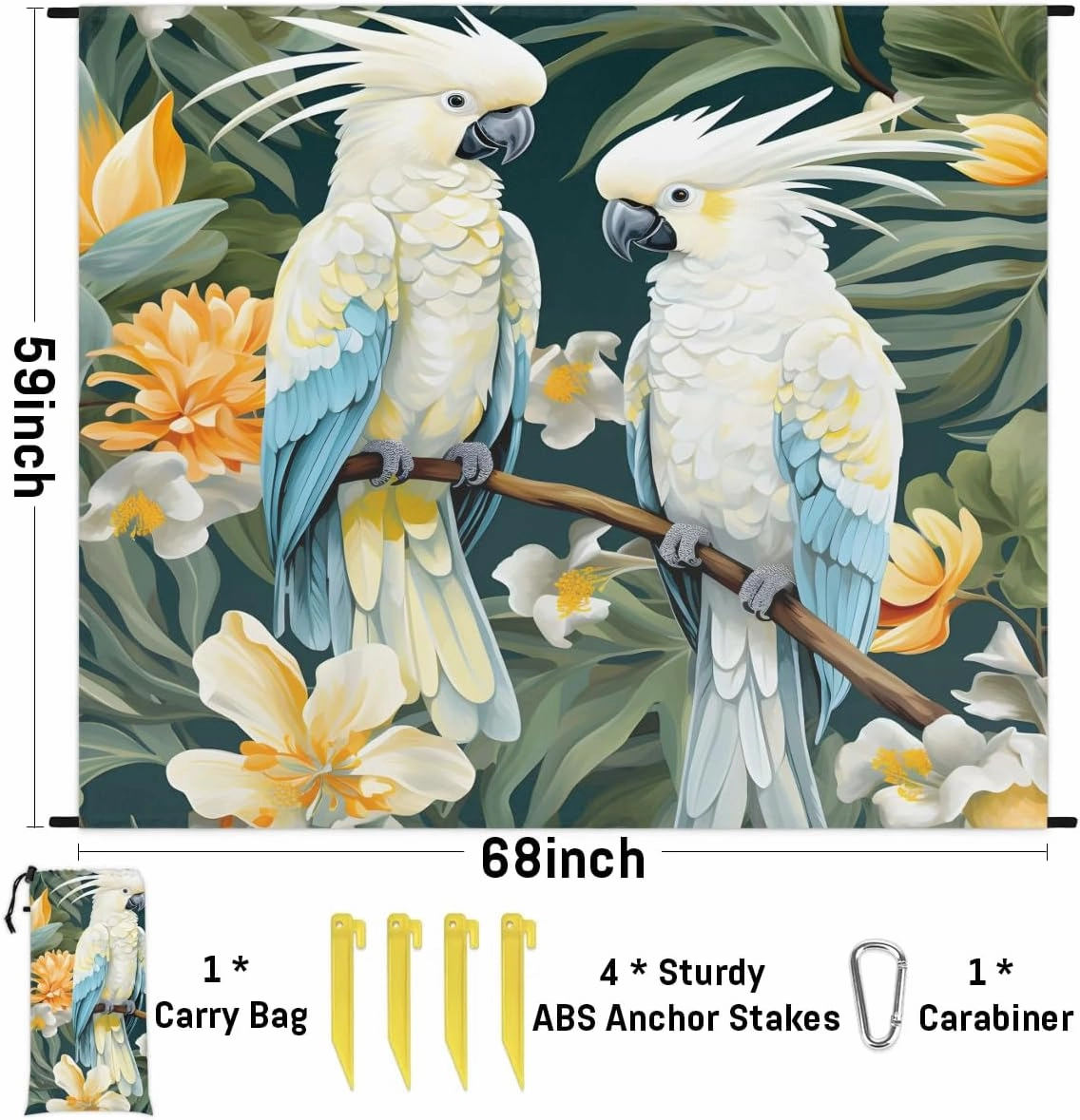 Beach Blanket, Animal Bird Sandproof Beach Mat, Waterproof Quick Drying Sand Free Mat with 4 x Ground Spikes for Outdoor Travel Camping Hiking, Palm Leaves 68 x 59 in