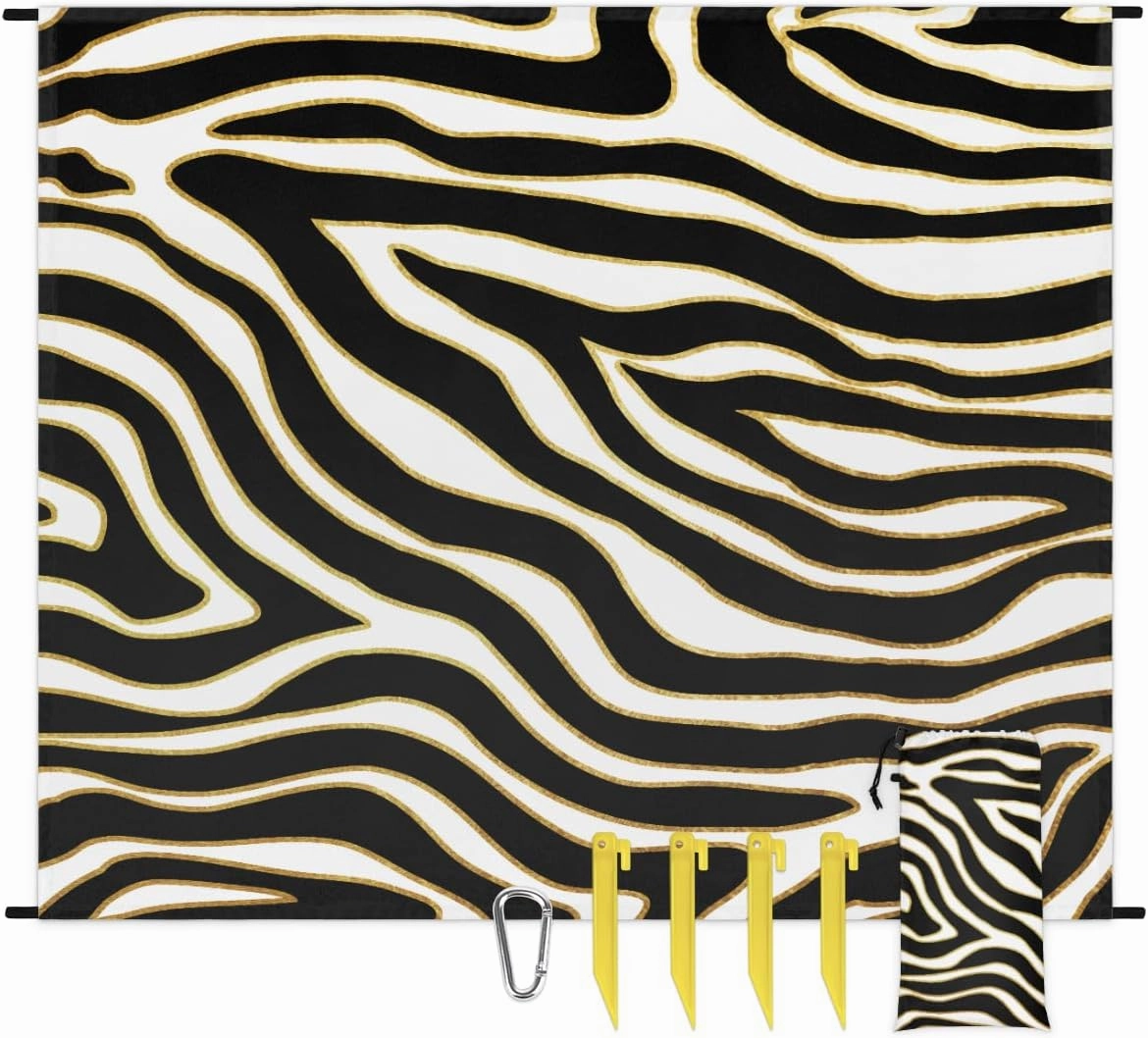 Beach Blanket, Animal Print Sandproof Beach Mat, Waterproof Quick Drying Sand Free Mat with 4 x Ground Spikes for Outdoor Travel Camping Hiking, Zebra Stripes 68 x 59 in