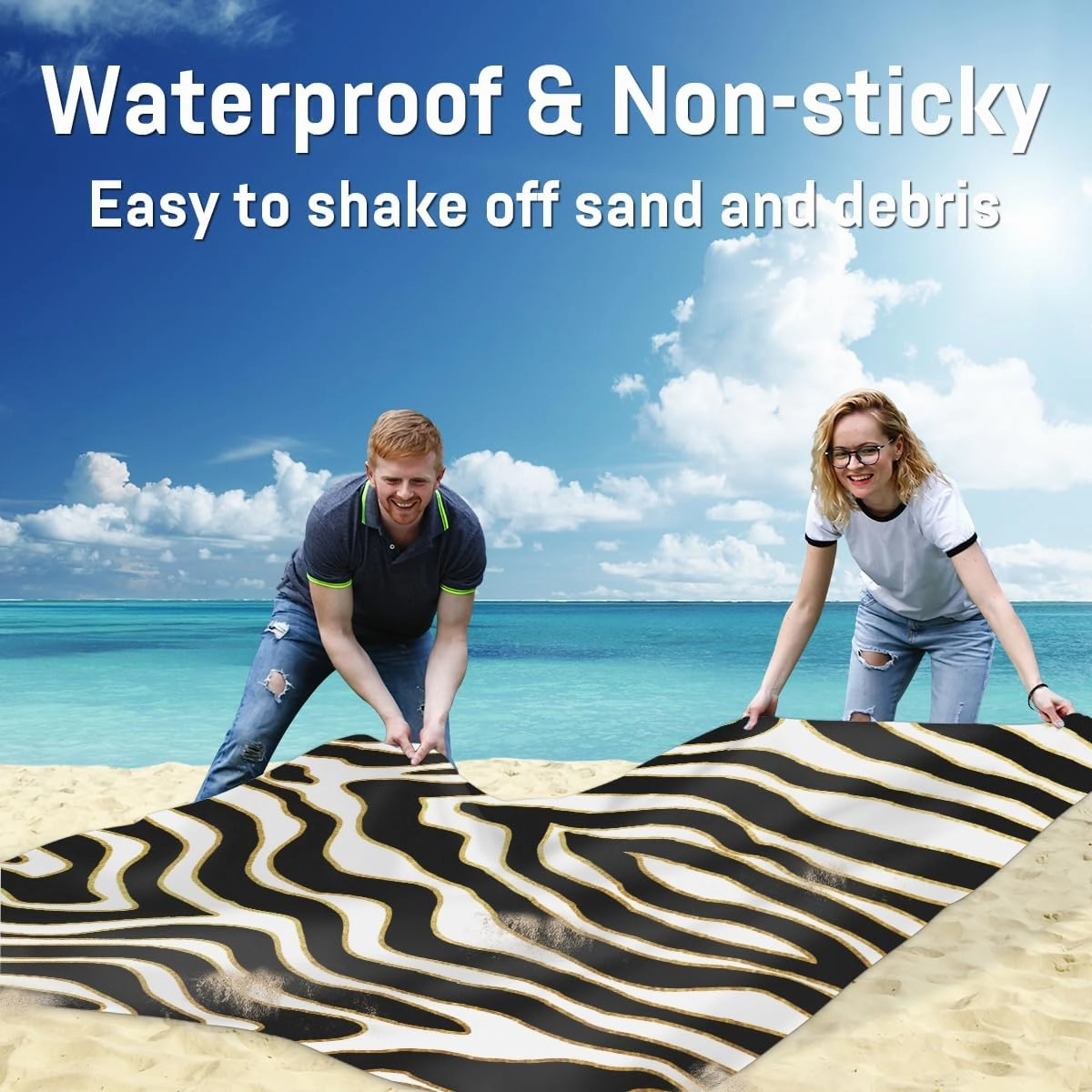 Beach Blanket, Animal Print Sandproof Beach Mat, Waterproof Quick Drying Sand Free Mat with 4 x Ground Spikes for Outdoor Travel Camping Hiking, Zebra Stripes 68 x 59 in