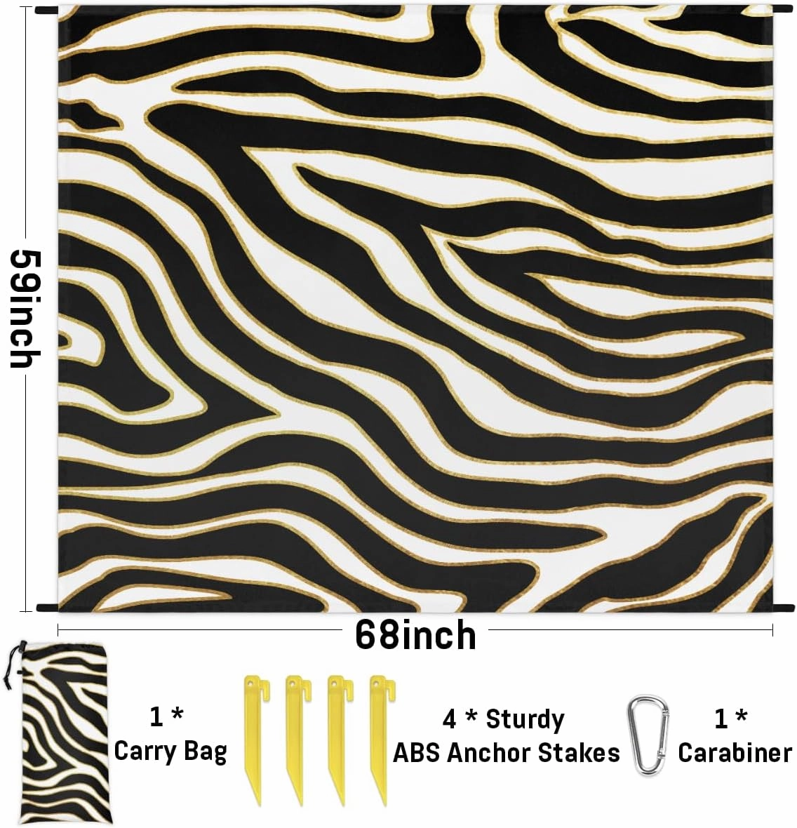Beach Blanket, Animal Print Sandproof Beach Mat, Waterproof Quick Drying Sand Free Mat with 4 x Ground Spikes for Outdoor Travel Camping Hiking, Zebra Stripes 68 x 59 in