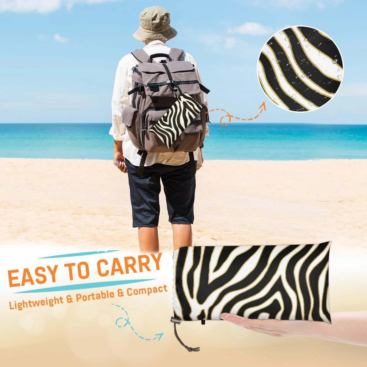 Beach Blanket, Animal Print Sandproof Beach Mat, Waterproof Quick Drying Sand Free Mat with 4 x Ground Spikes for Outdoor Travel Camping Hiking, Zebra Stripes 68 x 59 in
