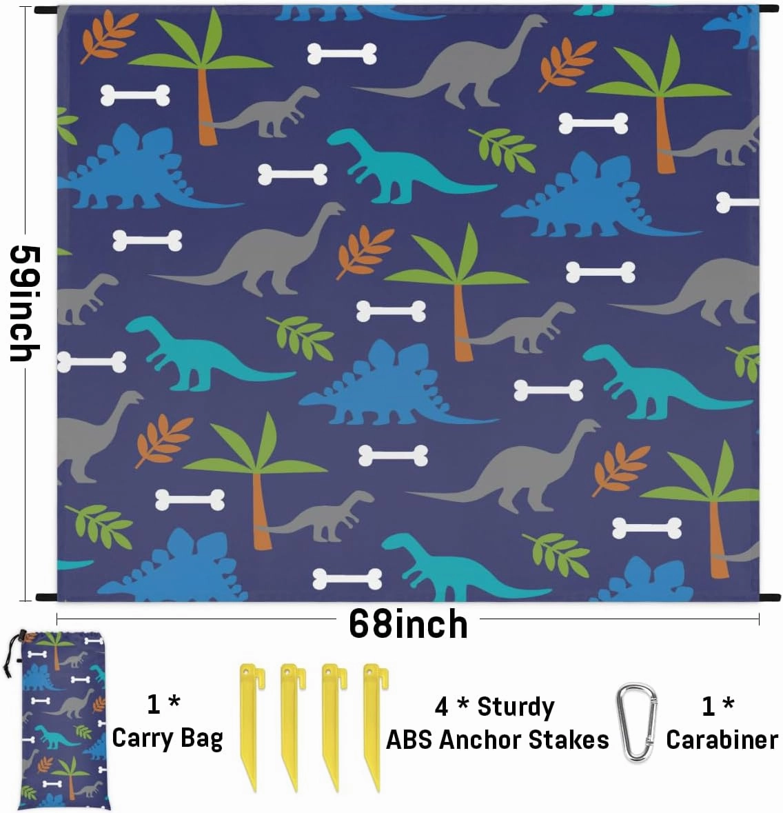 Beach Blanket, Animals Sandproof Beach Mat, Waterproof Quick Drying Sand Free Mat with 4 x Ground Spikes for Outdoor Travel Camping Hiking, Dinosaurs 68 x 59 in