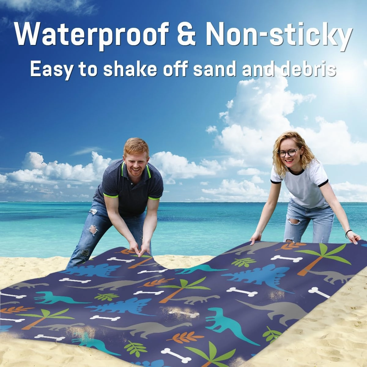Beach Blanket, Animals Sandproof Beach Mat, Waterproof Quick Drying Sand Free Mat with 4 x Ground Spikes for Outdoor Travel Camping Hiking, Dinosaurs 68 x 59 in
