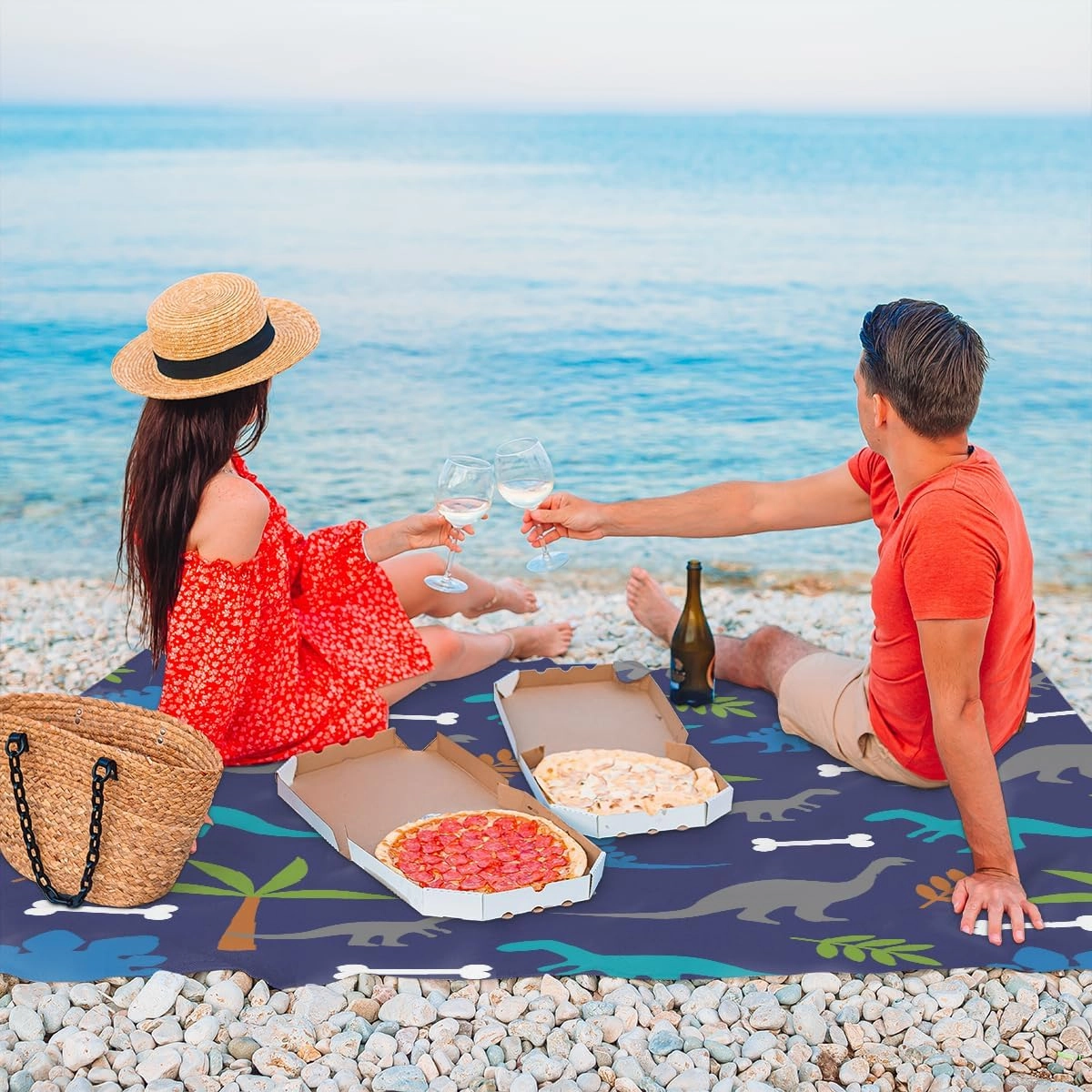 Beach Blanket, Animals Sandproof Beach Mat, Waterproof Quick Drying Sand Free Mat with 4 x Ground Spikes for Outdoor Travel Camping Hiking, Dinosaurs 68 x 59 in