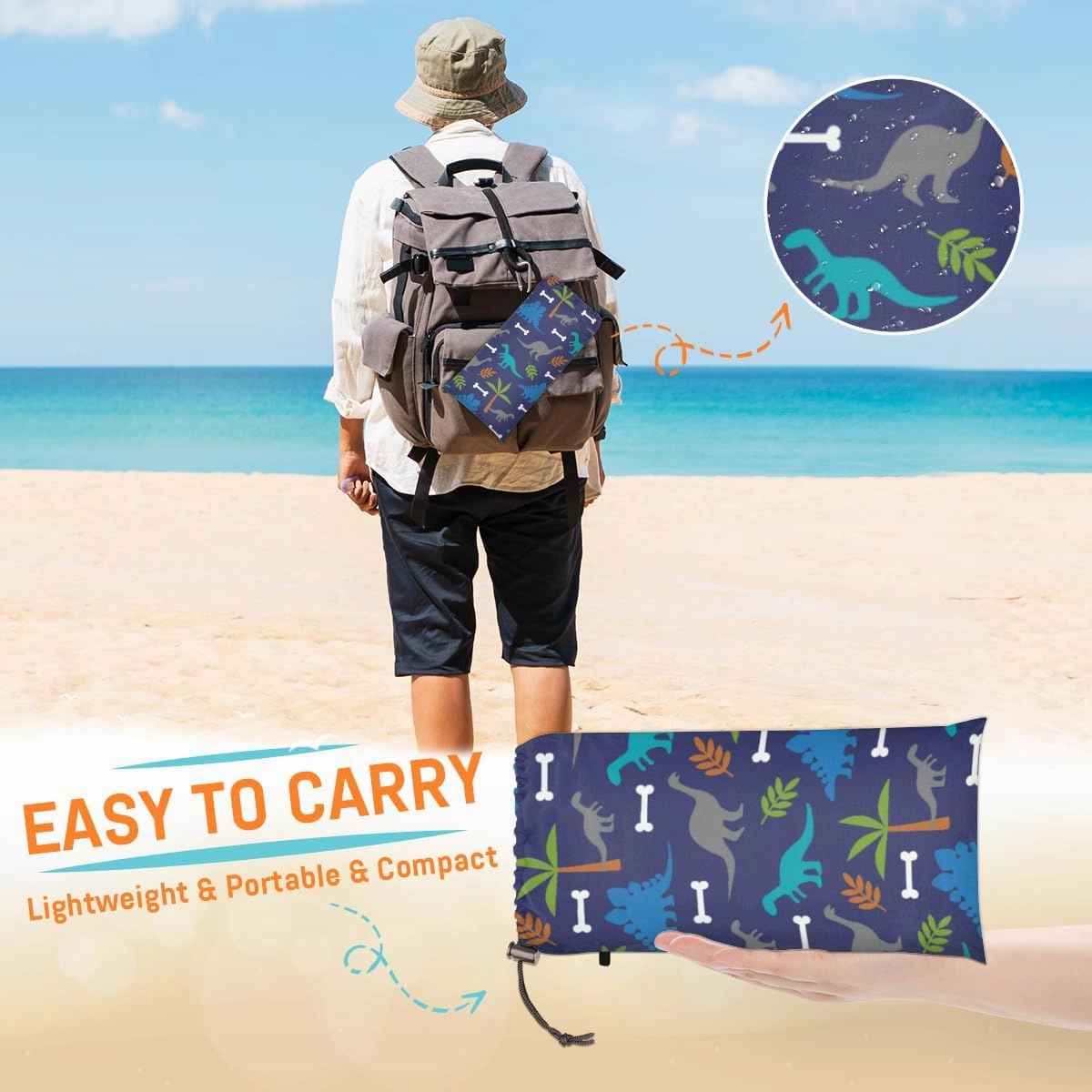 Beach Blanket, Animals Sandproof Beach Mat, Waterproof Quick Drying Sand Free Mat with 4 x Ground Spikes for Outdoor Travel Camping Hiking, Dinosaurs 68 x 59 in