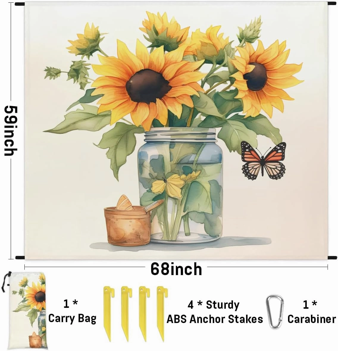 Beach Blanket, Autumn Sunflower Butterfly Sandproof Beach Mat, Waterproof Quick Drying Sand Free Mat with 4 x Ground Spikes for Outdoor Travel Camping Hiking, Rustic Floral 68 x 59 in