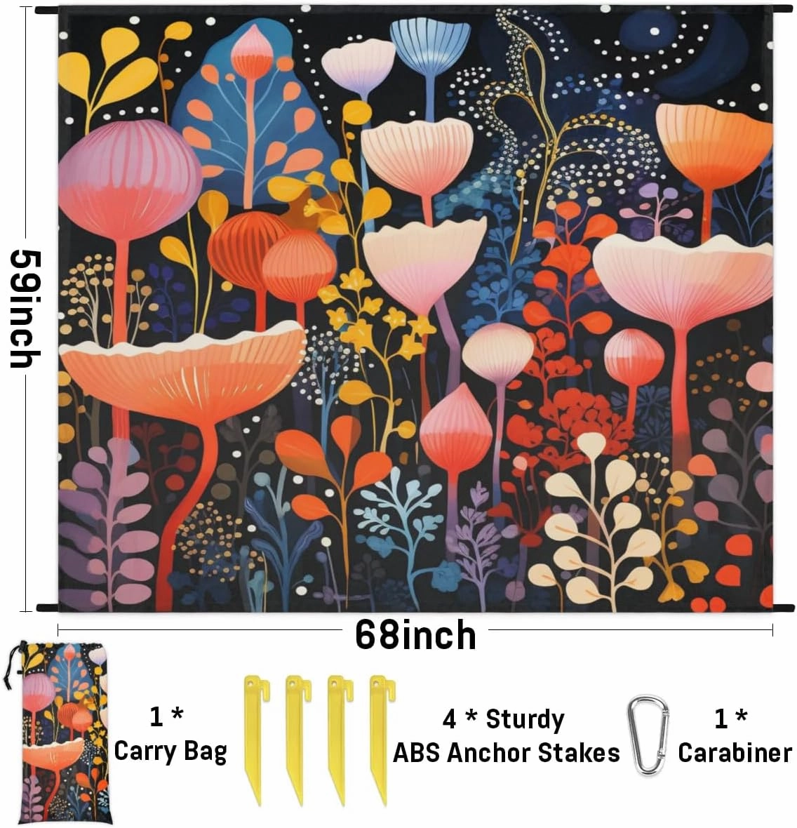 Beach Blanket, Boho Flower Floral Sandproof Beach Mat, Waterproof Quick Drying Sand Free Mat with 4 x Ground Spikes for Outdoor Travel Camping Hiking, Abstract Flower Leaves 68 x 59 in