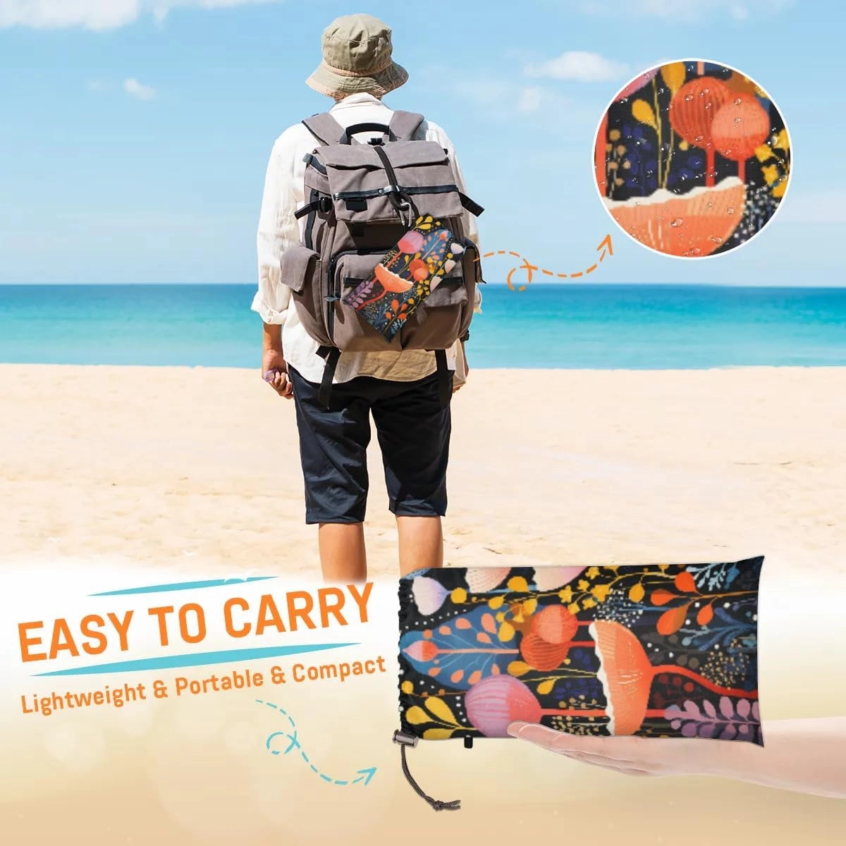 Beach Blanket, Boho Flower Floral Sandproof Beach Mat, Waterproof Quick Drying Sand Free Mat with 4 x Ground Spikes for Outdoor Travel Camping Hiking, Abstract Flower Leaves 68 x 59 in