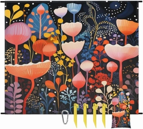 Beach Blanket, Boho Flower Floral Sandproof Beach Mat, Waterproof Quick Drying Sand Free Mat with 4 x Ground Spikes for Outdoor Travel Camping Hiking, Abstract Flower Leaves 68 x 59 in
