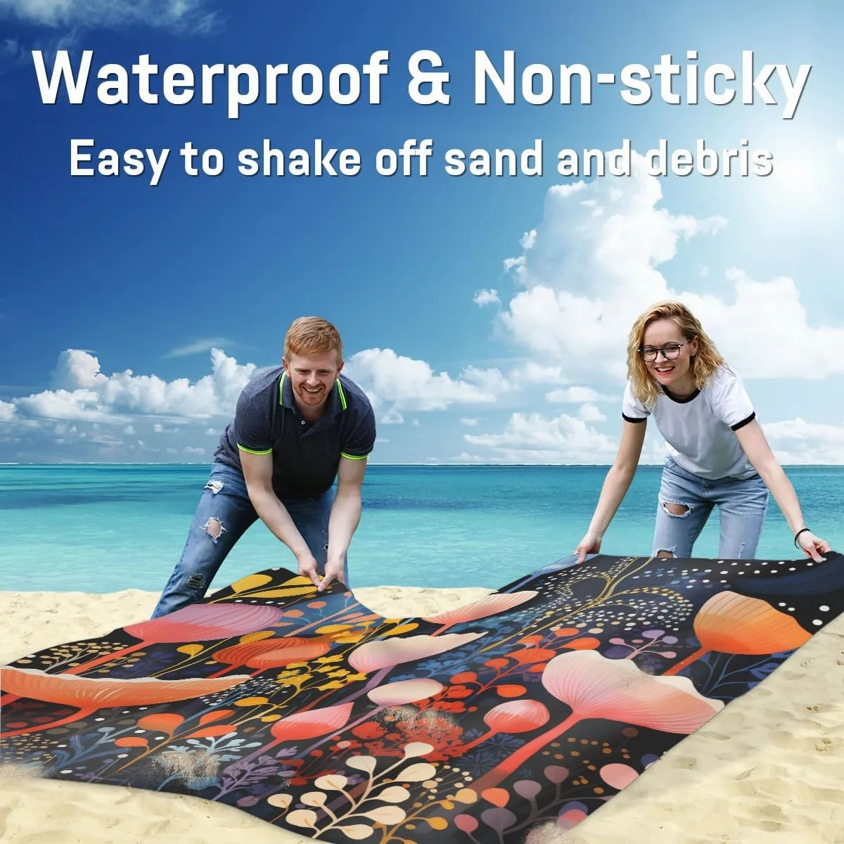 Beach Blanket, Boho Flower Floral Sandproof Beach Mat, Waterproof Quick Drying Sand Free Mat with 4 x Ground Spikes for Outdoor Travel Camping Hiking, Abstract Flower Leaves 68 x 59 in
