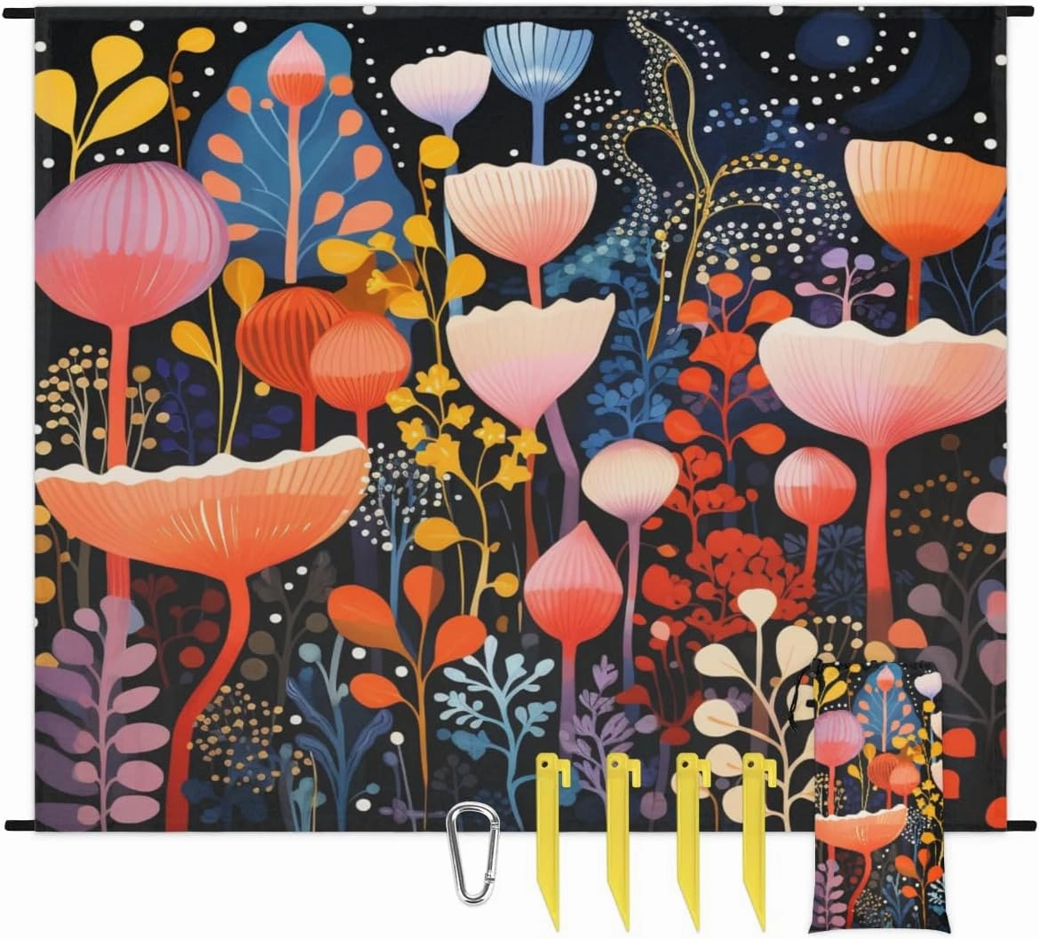 Beach Blanket, Boho Flower Floral Sandproof Beach Mat, Waterproof Quick Drying Sand Free Mat with 4 x Ground Spikes for Outdoor Travel Camping Hiking, Abstract Flower Leaves 68 x 59 in