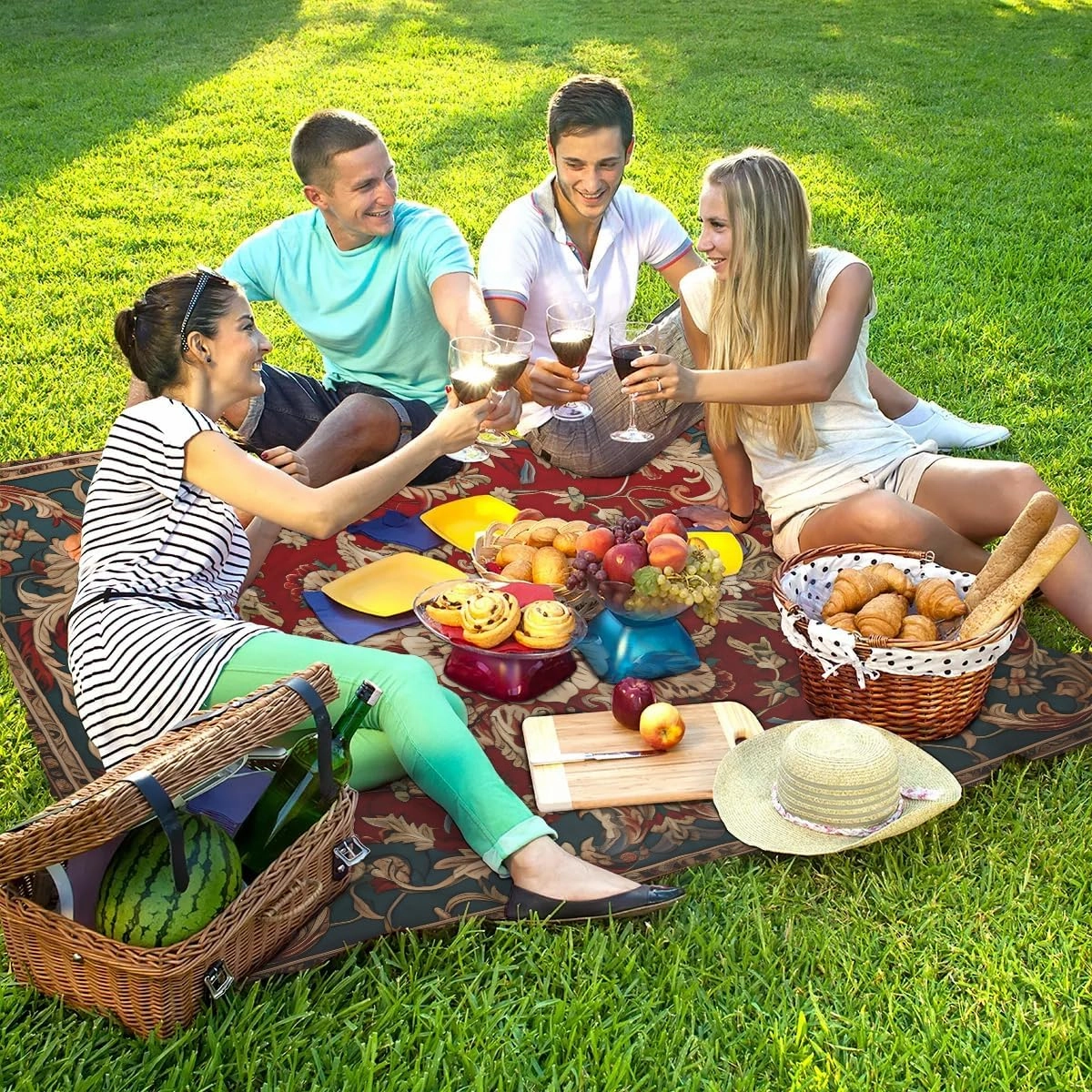 Beach Blanket, Boho Sandproof Beach Mat, Waterproof Quick Drying Sand Free Mat with 4 x Ground Spikes for Outdoor Travel Camping Hiking, Bohemian 68 x 59 in