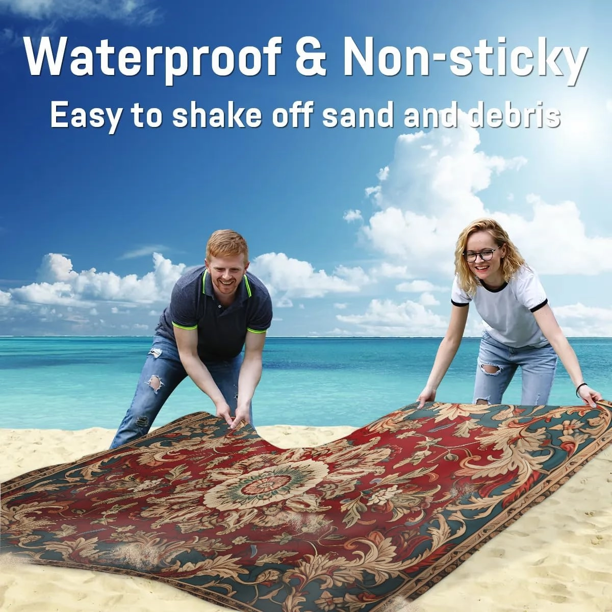 Beach Blanket, Boho Sandproof Beach Mat, Waterproof Quick Drying Sand Free Mat with 4 x Ground Spikes for Outdoor Travel Camping Hiking, Bohemian 68 x 59 in