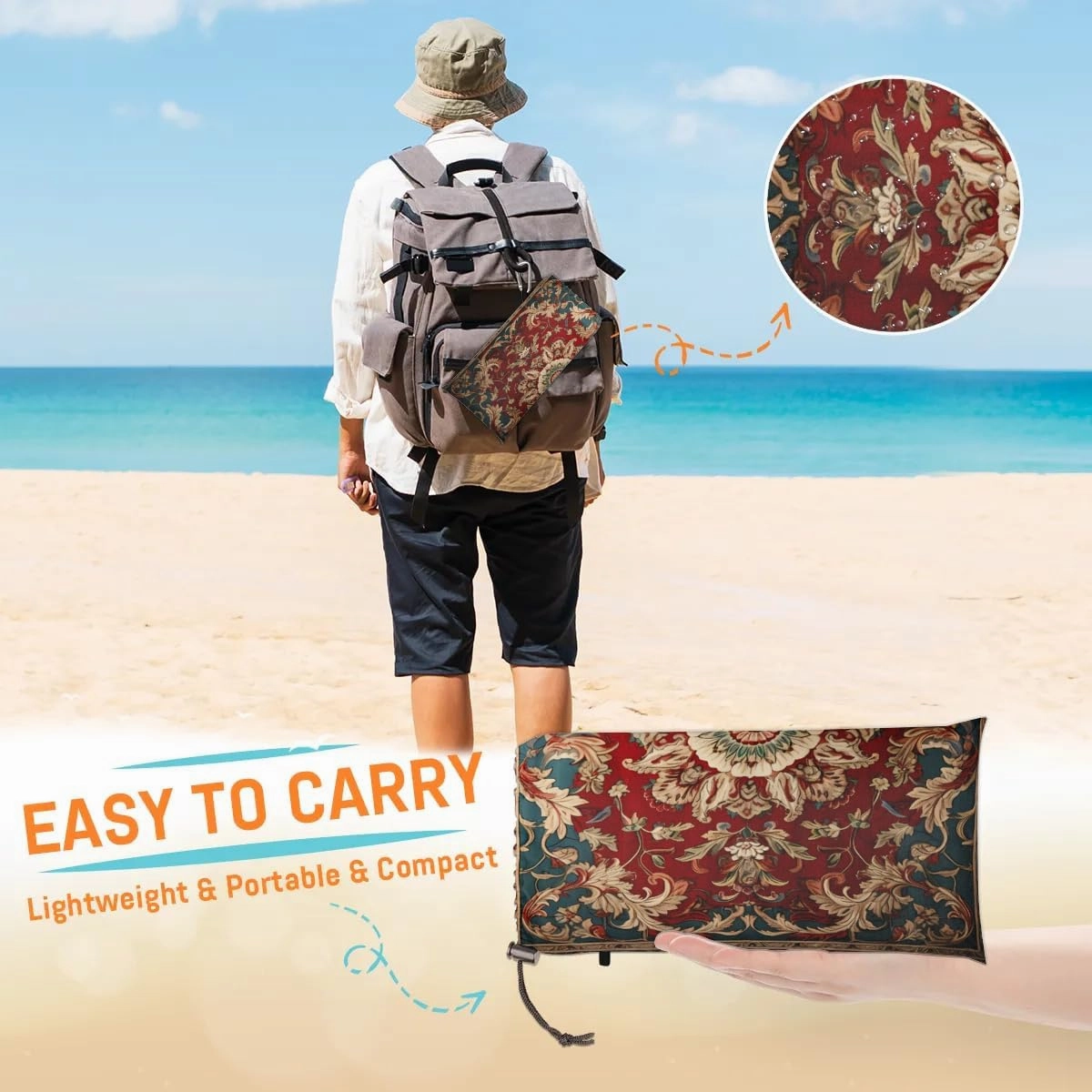 Beach Blanket, Boho Sandproof Beach Mat, Waterproof Quick Drying Sand Free Mat with 4 x Ground Spikes for Outdoor Travel Camping Hiking, Bohemian 68 x 59 in