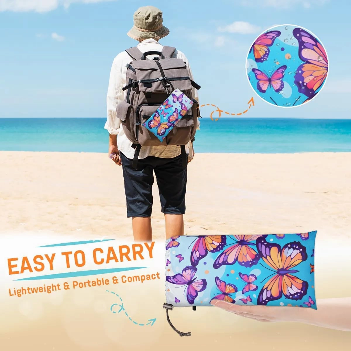 Beach Blanket, Butterfly Pattern Sandproof Beach Mat, Waterproof Quick Drying Sand Free Mat with 4 x Ground Spikes for Outdoor Travel Camping Hiking, Butterfly 68 x 59 in