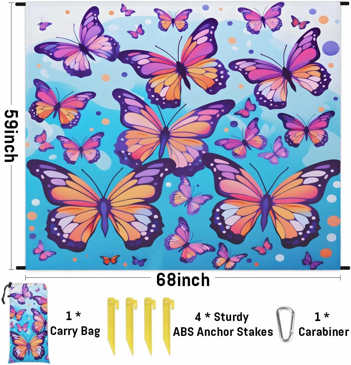 Beach Blanket, Butterfly Pattern Sandproof Beach Mat, Waterproof Quick Drying Sand Free Mat with 4 x Ground Spikes for Outdoor Travel Camping Hiking, Butterfly 68 x 59 in