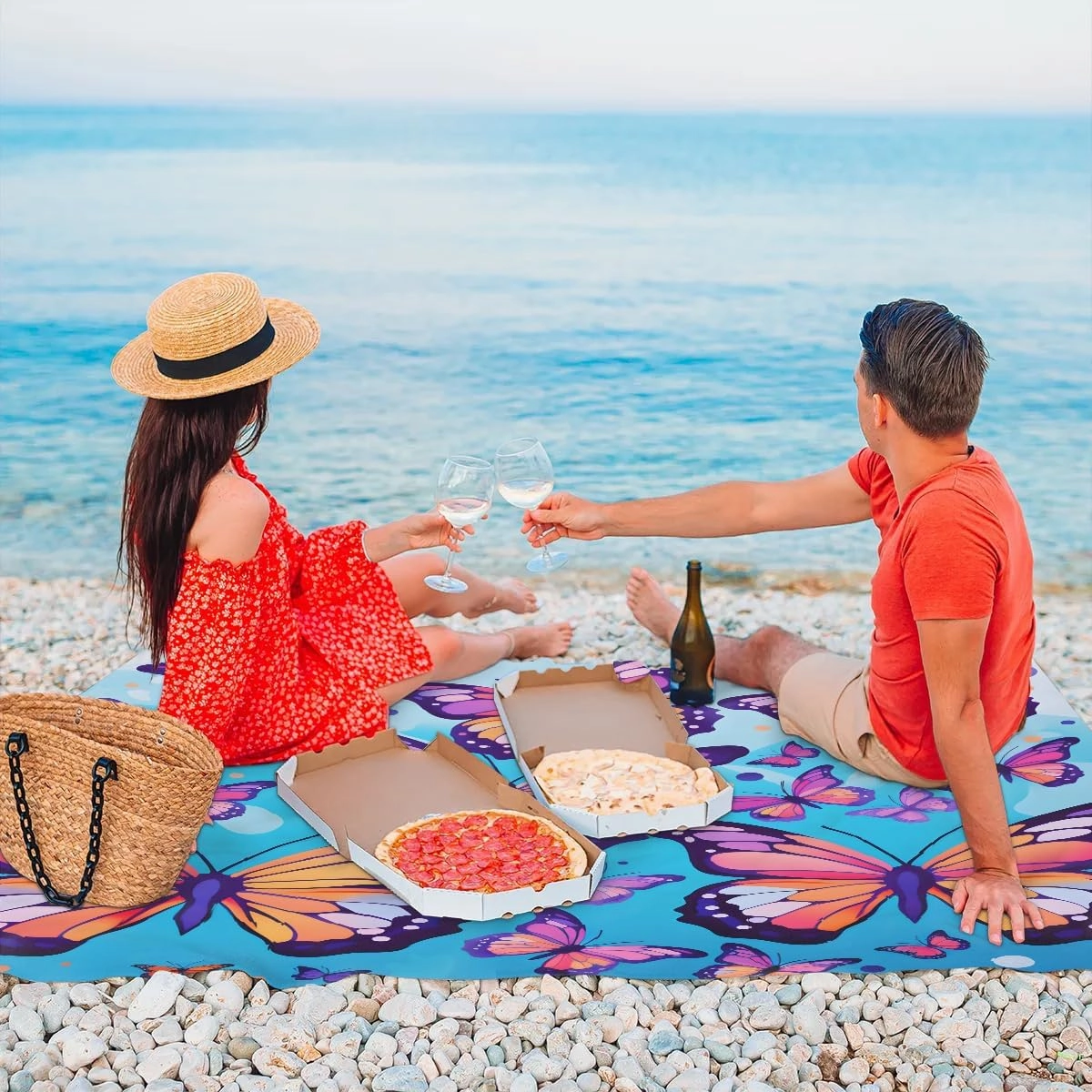 Beach Blanket, Butterfly Pattern Sandproof Beach Mat, Waterproof Quick Drying Sand Free Mat with 4 x Ground Spikes for Outdoor Travel Camping Hiking, Butterfly 68 x 59 in