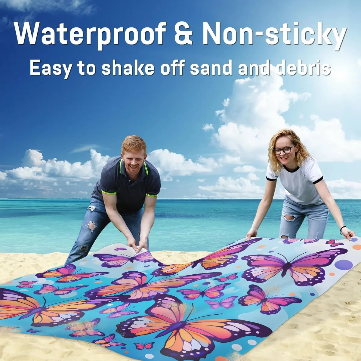 Beach Blanket, Butterfly Pattern Sandproof Beach Mat, Waterproof Quick Drying Sand Free Mat with 4 x Ground Spikes for Outdoor Travel Camping Hiking, Butterfly 68 x 59 in