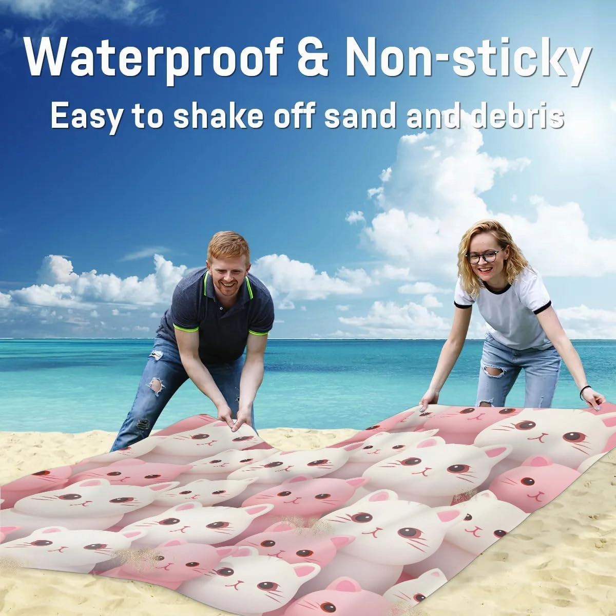 Beach Blanket, Cat Sandproof Beach Mat, Waterproof Quick Drying Sand Free Mat with 4 x Ground Spikes for Outdoor Travel Camping Hiking, Cartoon Kittens 68 x 59 in