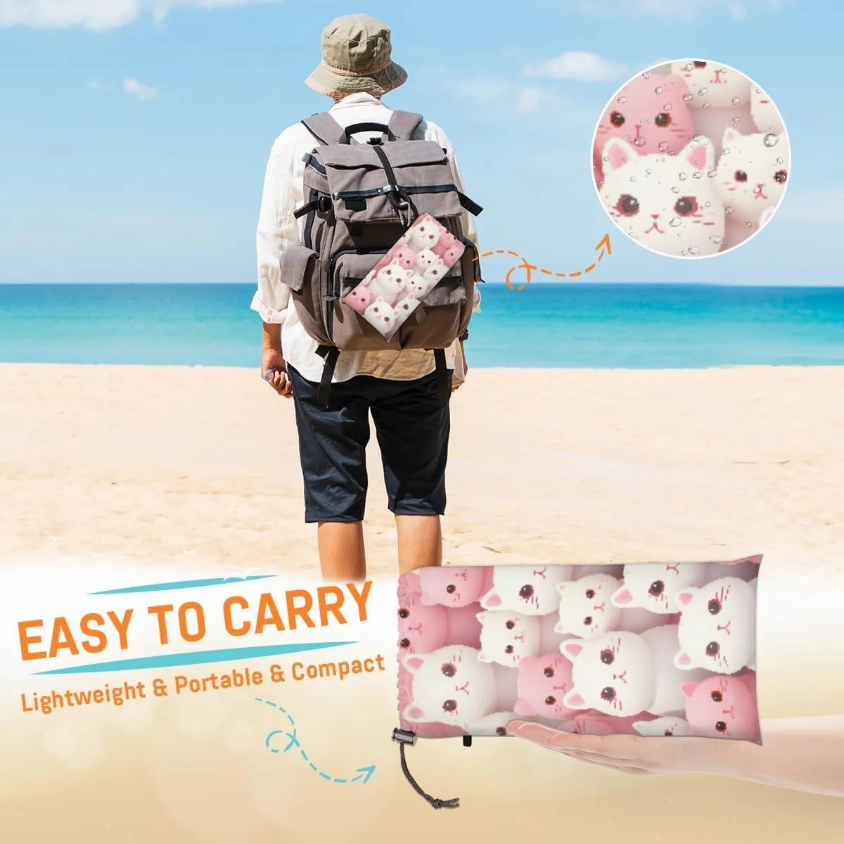 Beach Blanket, Cat Sandproof Beach Mat, Waterproof Quick Drying Sand Free Mat with 4 x Ground Spikes for Outdoor Travel Camping Hiking, Cartoon Kittens 68 x 59 in