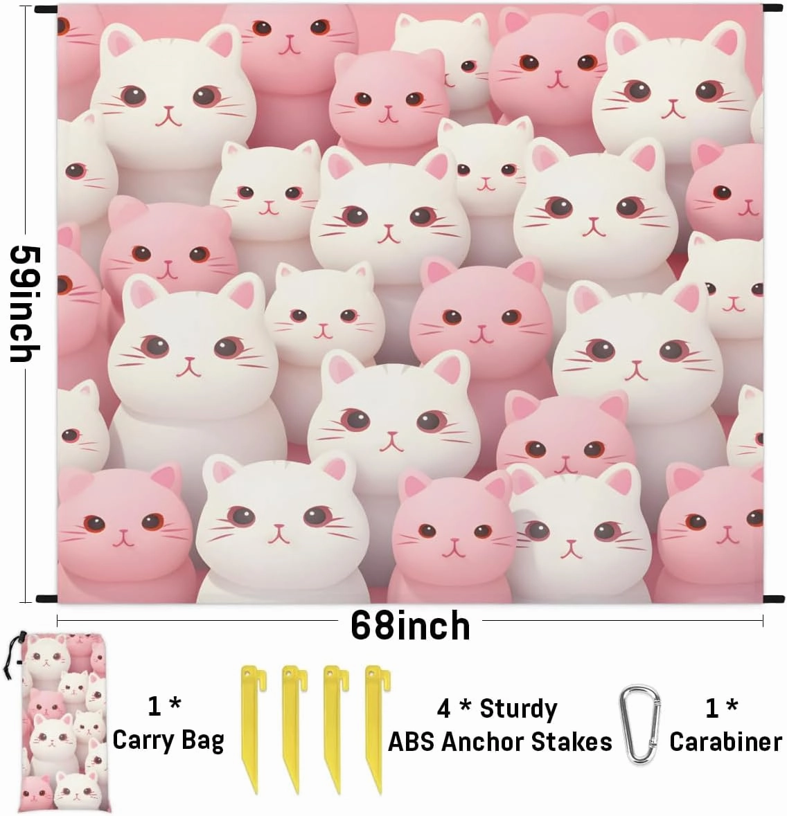 Beach Blanket, Cat Sandproof Beach Mat, Waterproof Quick Drying Sand Free Mat with 4 x Ground Spikes for Outdoor Travel Camping Hiking, Cartoon Kittens 68 x 59 in